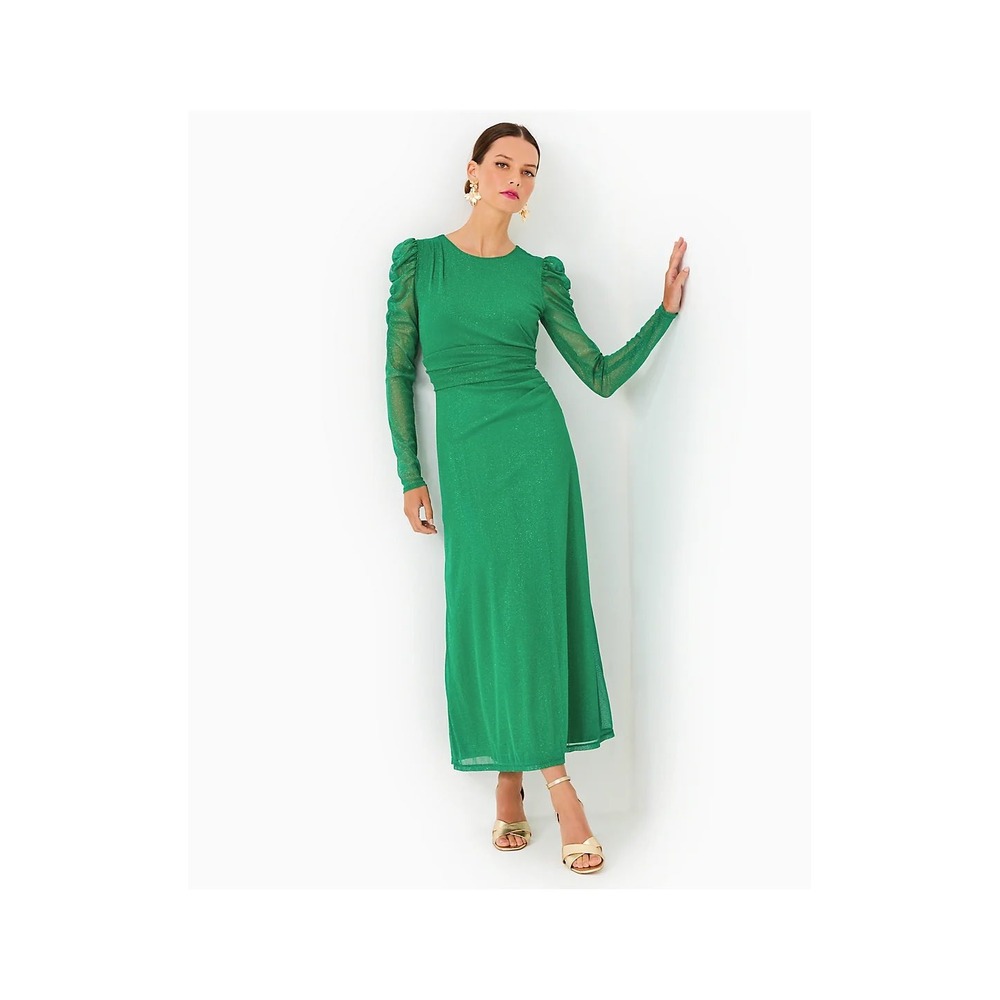 Lilly Pulitzer Preslie Long Sleeve Mesh Midi Dress Fiddle Leaf Green Sparkle S